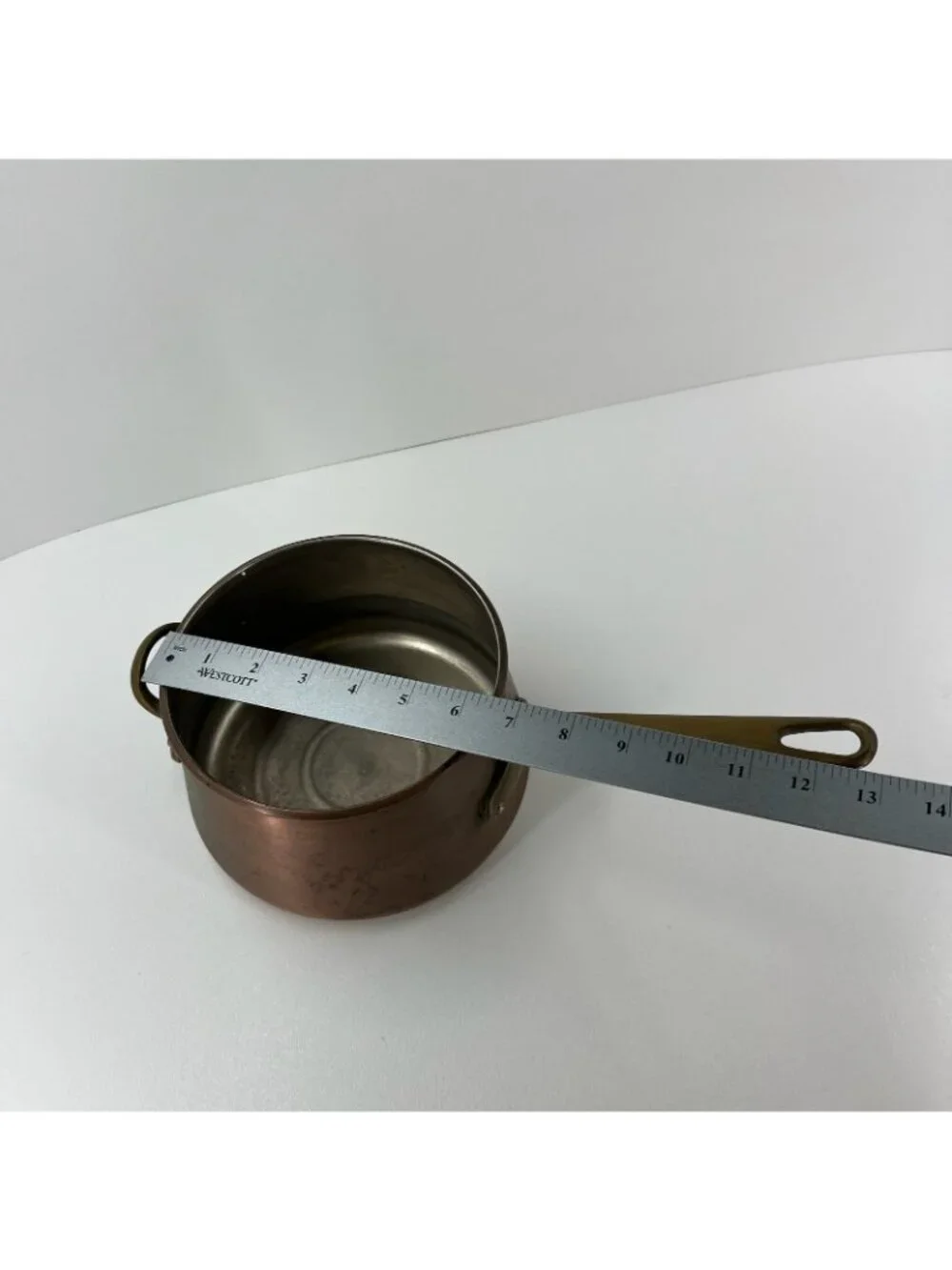 Vintage Solid Copper Saucepan Tin Lined Brass Long & Helper Handle Pot